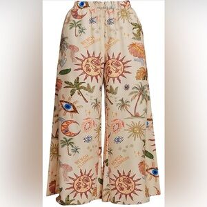 Boho Wide-Leg Sun & Palm Print Pants